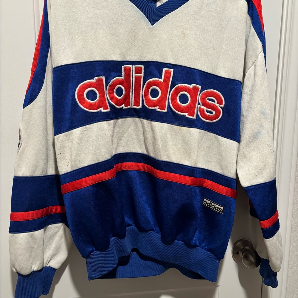 Vintage 1980’s Adidas Men's V-Neck Sweater in Blue, White, and Red